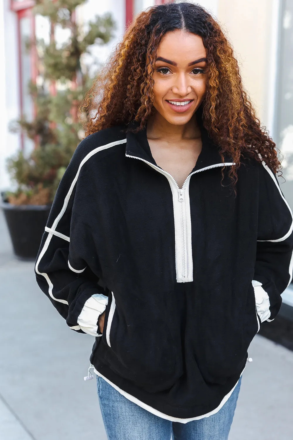 Catch Glances Black Cinched Waist Half Zip Up Fleece Jacket sold by Roxie’s Picks product image thumbnail 5