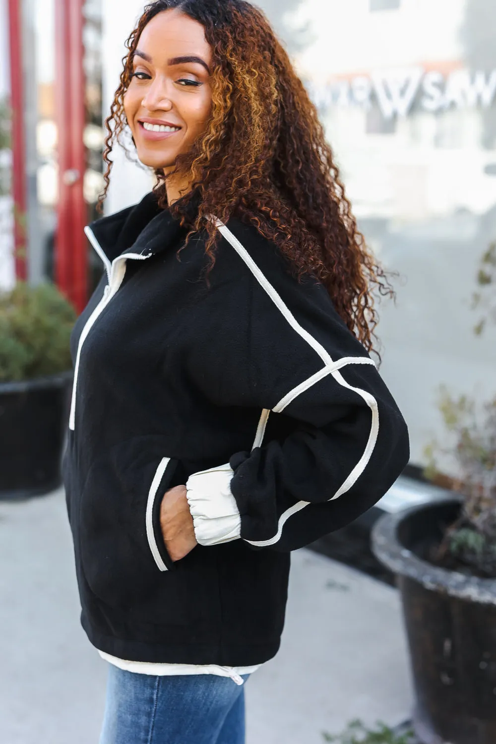 Catch Glances Black Cinched Waist Half Zip Up Fleece Jacket sold by Roxie’s Picks product image thumbnail 2