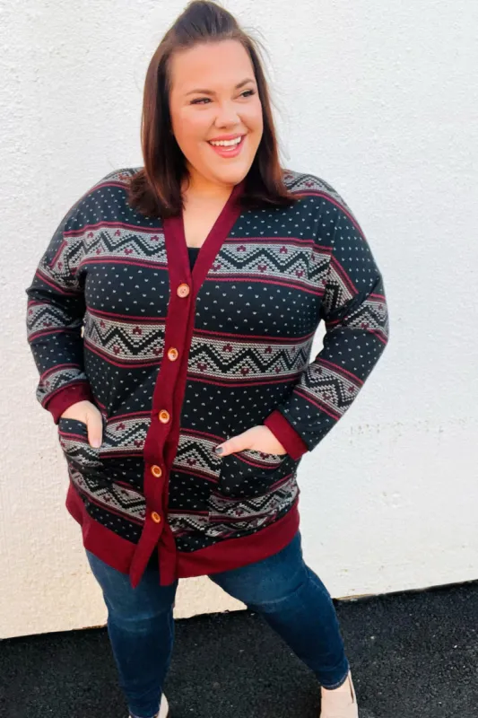Classic Burgundy Holiday Print Button Cardigan sold by Roxie’s Picks