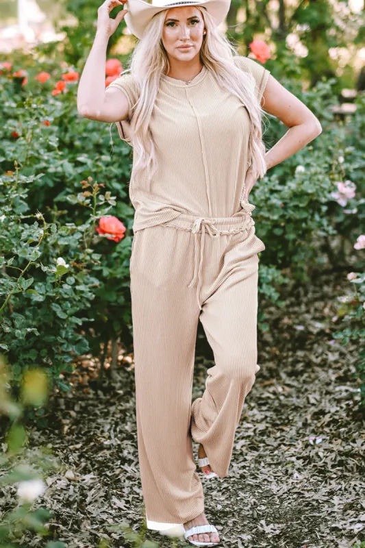 Parchment Exposed Seam Ribbed Tee and Pants Two-piece Outfit sold by Roxie’s Picks