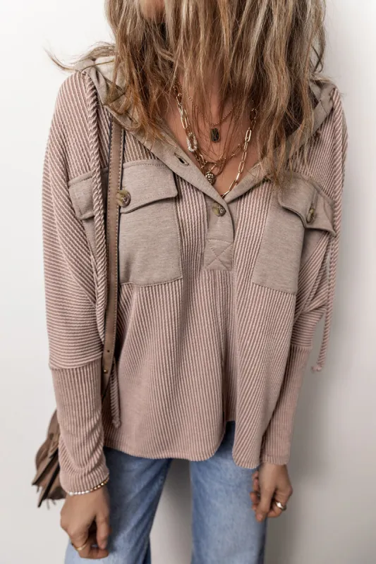 Dark Brown Flap Pocket Patchwork Corded Drawstring Hoodie sold by Roxie’s Picks