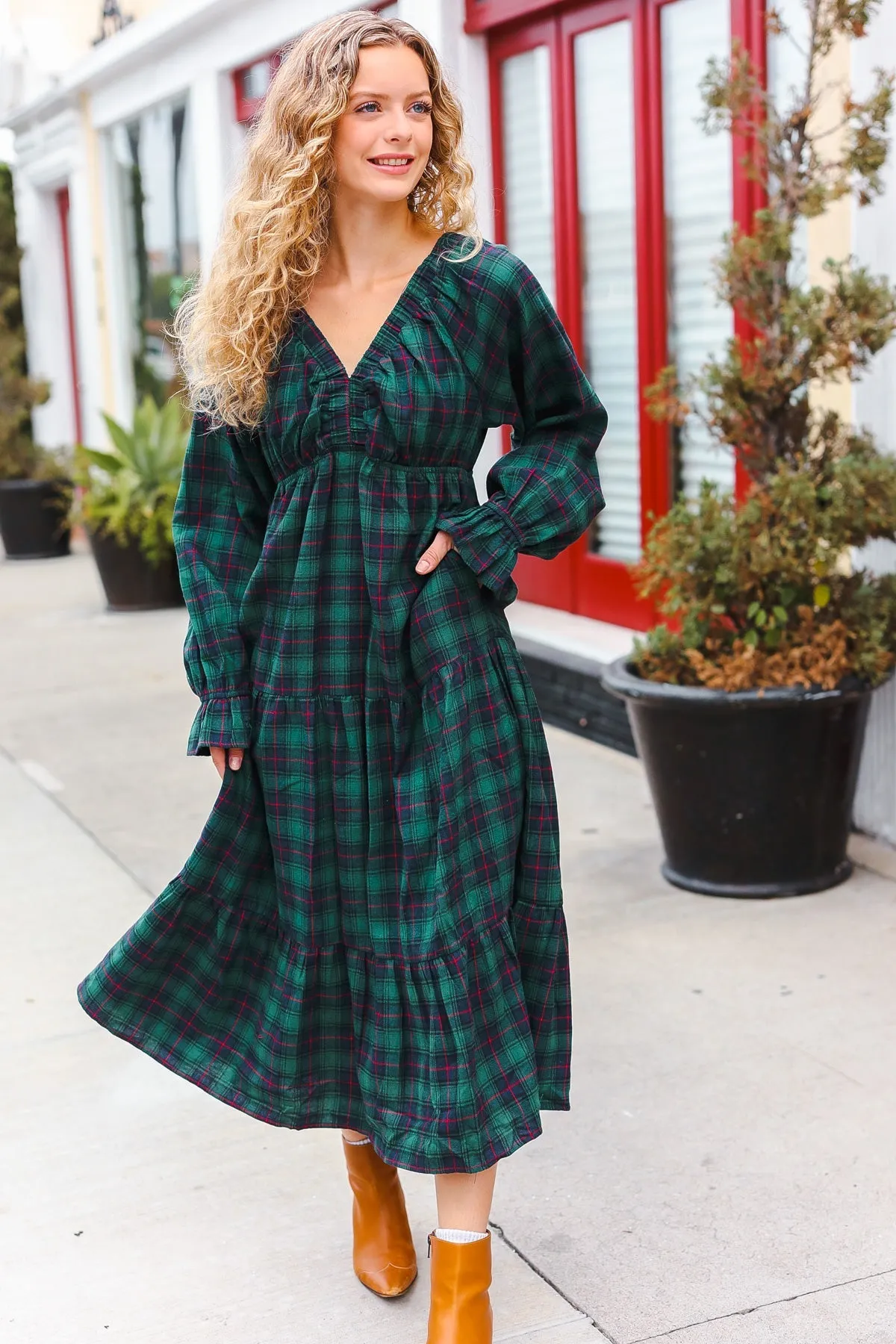 All I Want Hunter Green Plaid Elastic V Neck Tiered Maxi Dress sold by Roxie’s Picks