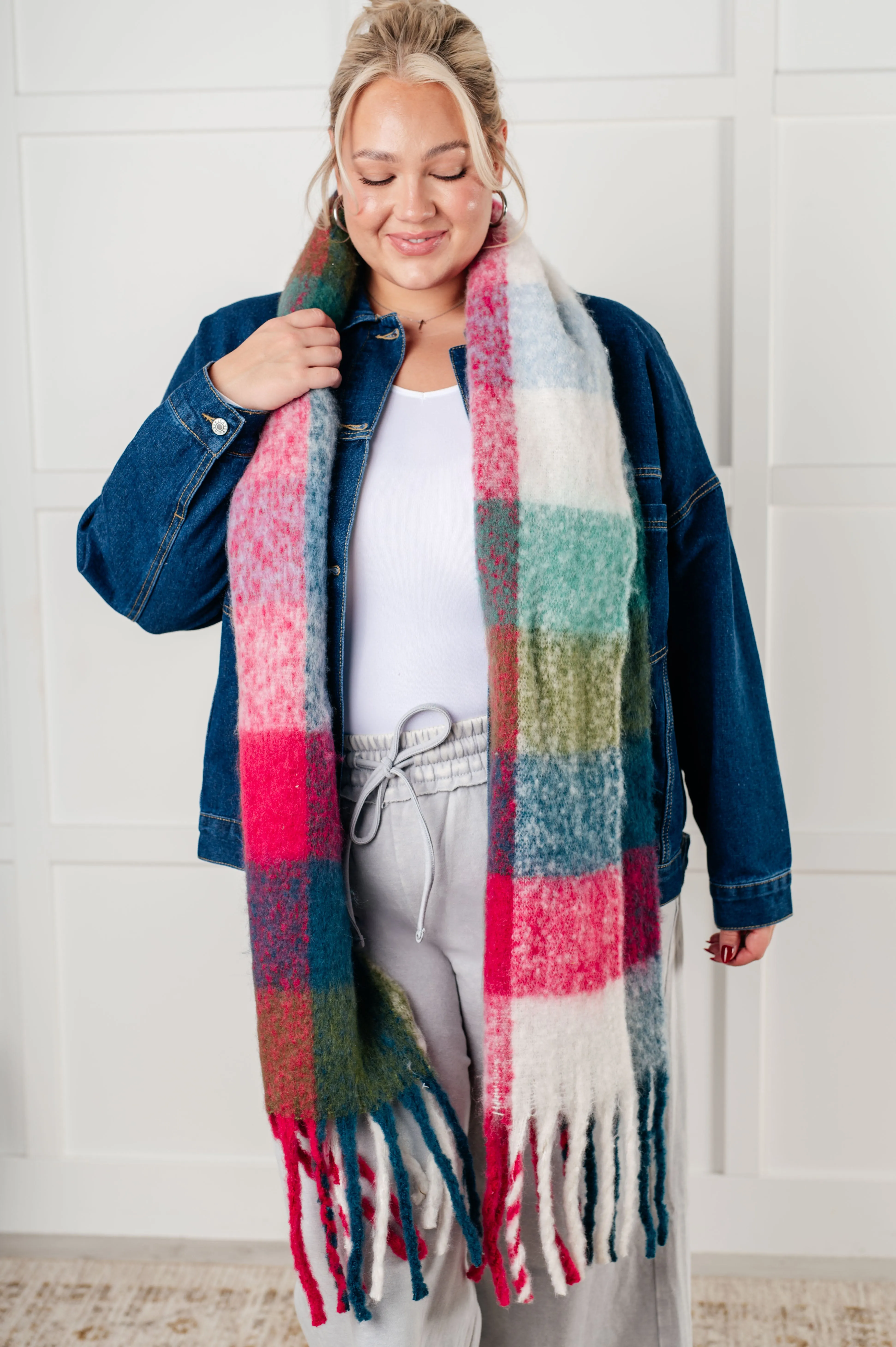 Wanderlust Wrap Oversized Plaid Fringe Scarf in Magenta and Teal sold by Roxie’s Picks