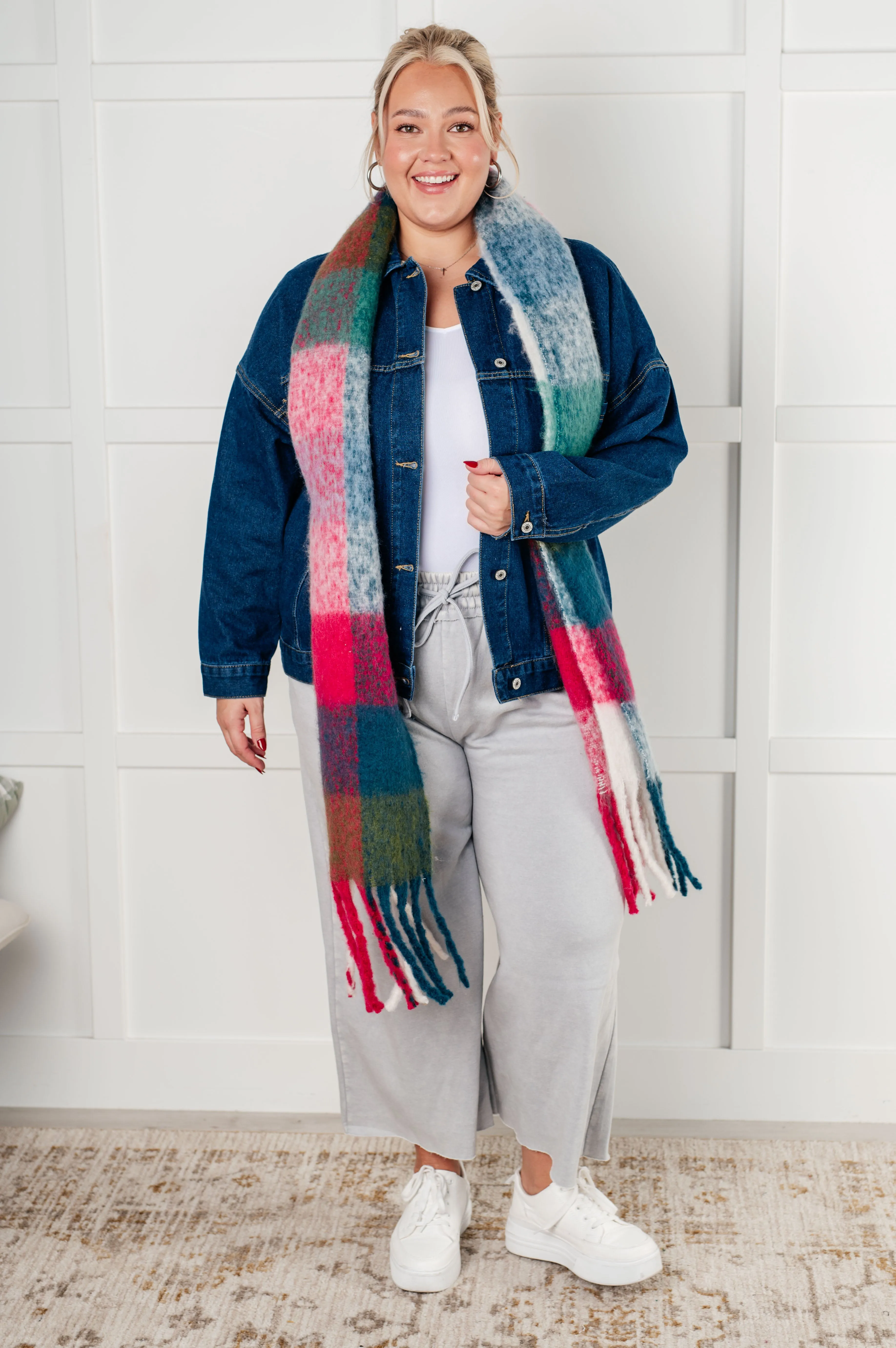 Wanderlust Wrap Oversized Plaid Fringe Scarf in Magenta and Teal sold by Roxie’s Picks product image thumbnail 3