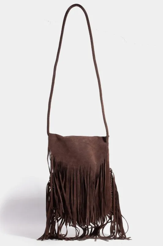 Fame Faux Suede Fringe Rectangle Crossbody Bag sold by Roxie’s Picks