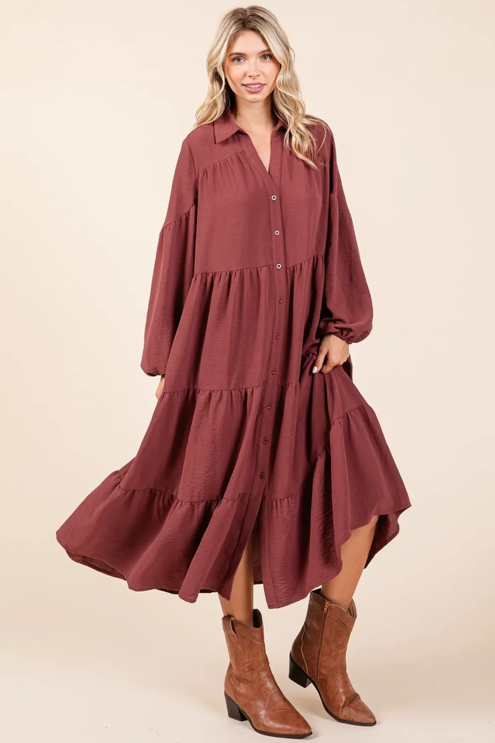 Mittoshop Tiered Button Down Long Sleeve Midi Dress sold by Roxie’s Picks product image thumbnail 4
