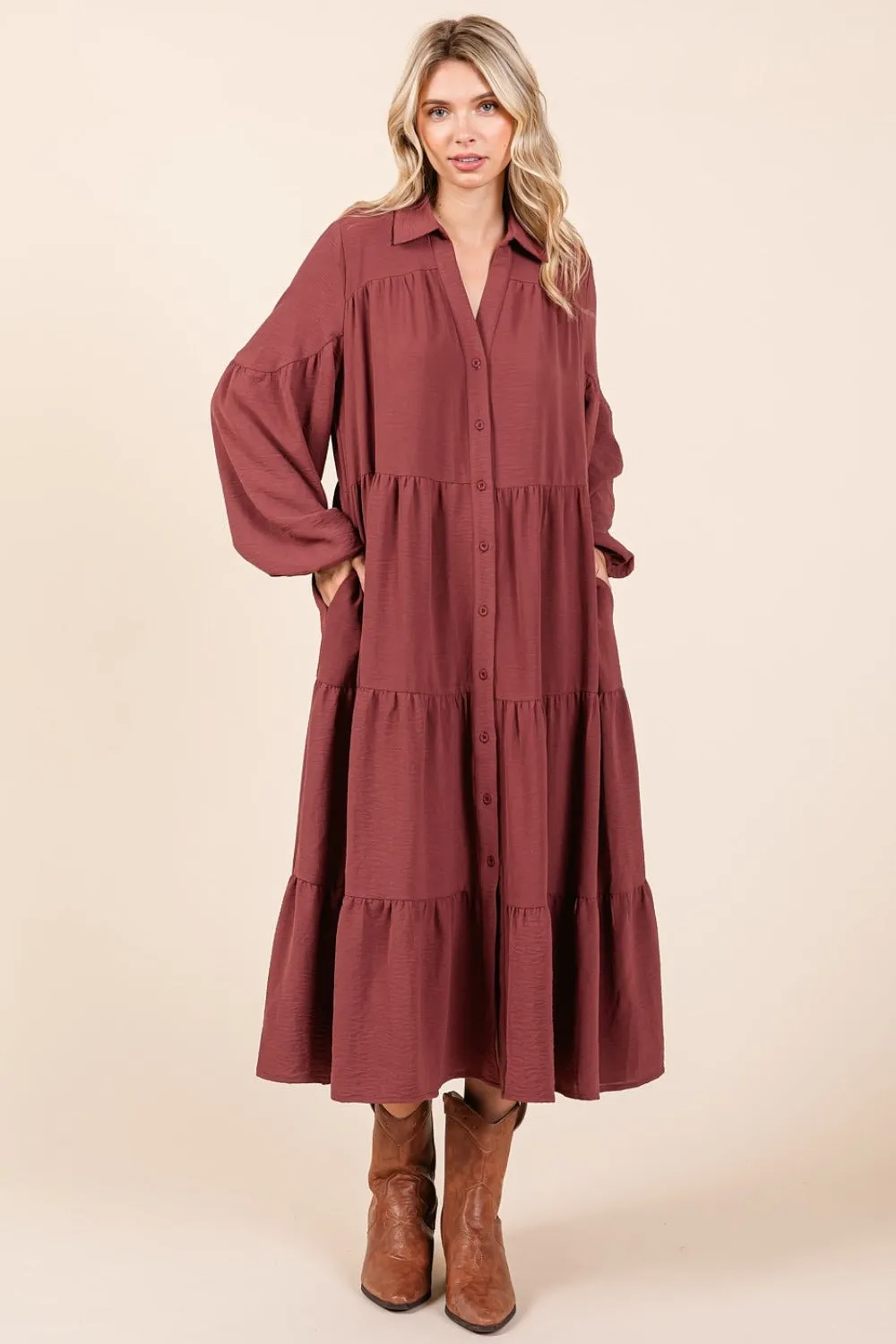Mittoshop Tiered Button Down Long Sleeve Midi Dress sold by Roxie’s Picks product image thumbnail 5