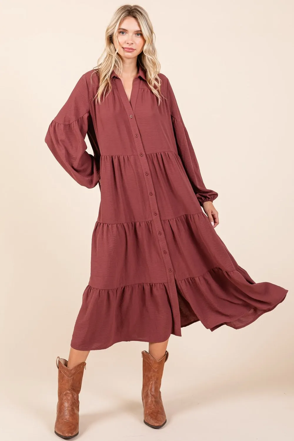 Mittoshop Tiered Button Down Long Sleeve Midi Dress sold by Roxie’s Picks product image thumbnail 3