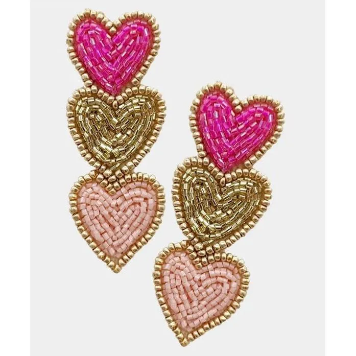Triple Heart Seed Bead Dangle Earrings sold by Roxie’s Picks