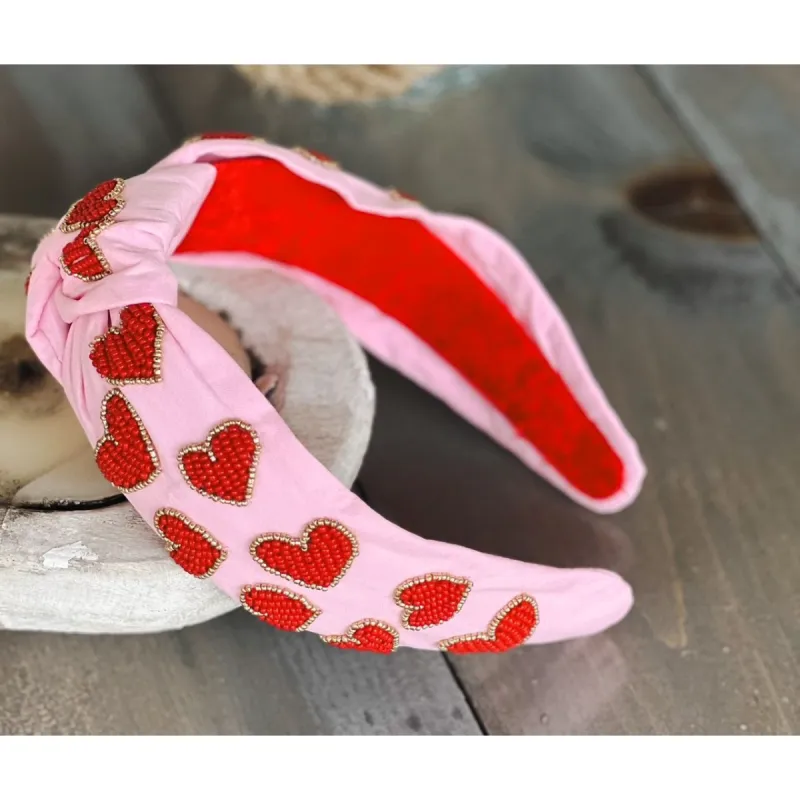Valentine's Day Seed Beaded Hearts Top Knot Pink Headband sold by Roxie’s Picks