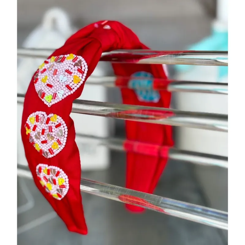 Valentine's Day Seed Beaded Sequin Confetti Hearts Top Knot Red and Pink Headband sold by Roxie’s Picks