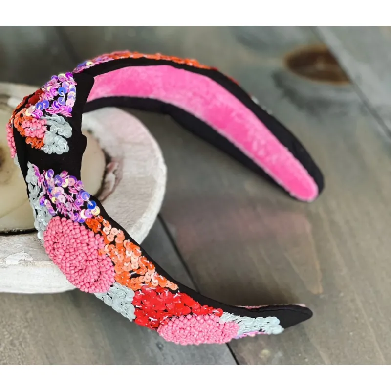 Pink Red Roses Embroidered Seed Beaded Top Knot Headband sold by Roxie’s Picks