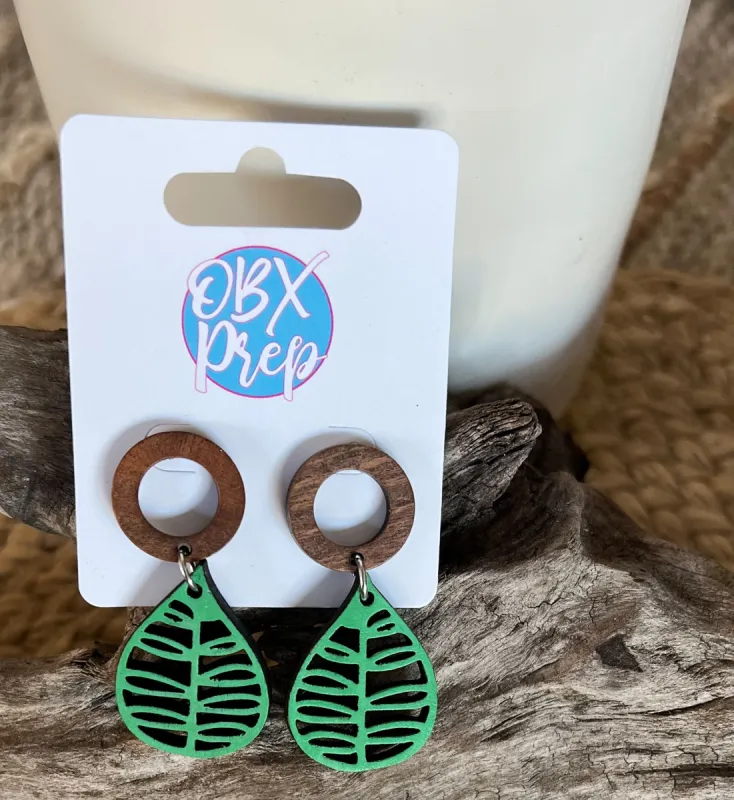 Hand-Painted Green Leaf Earrings with Hollow Circle Stud Toppers sold by Roxie’s Picks
