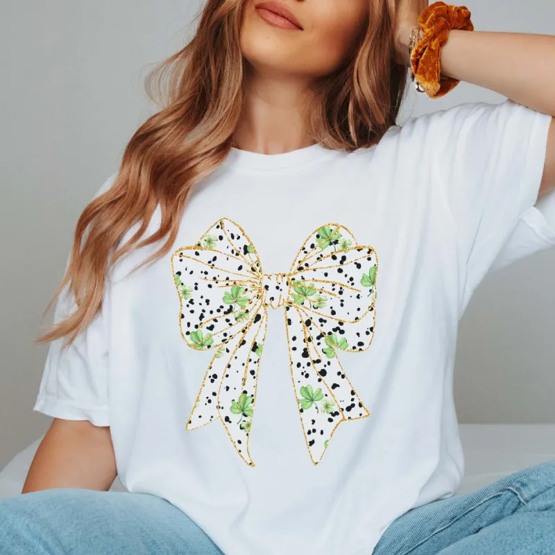 Gold Lined Shamrock Bow Comfort Color Tee made by Roxie’s Picks