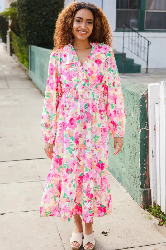 Beautiful You Frill V-Neck Shirred Waist Floral Maxi Dress sold by Roxie’s Picks