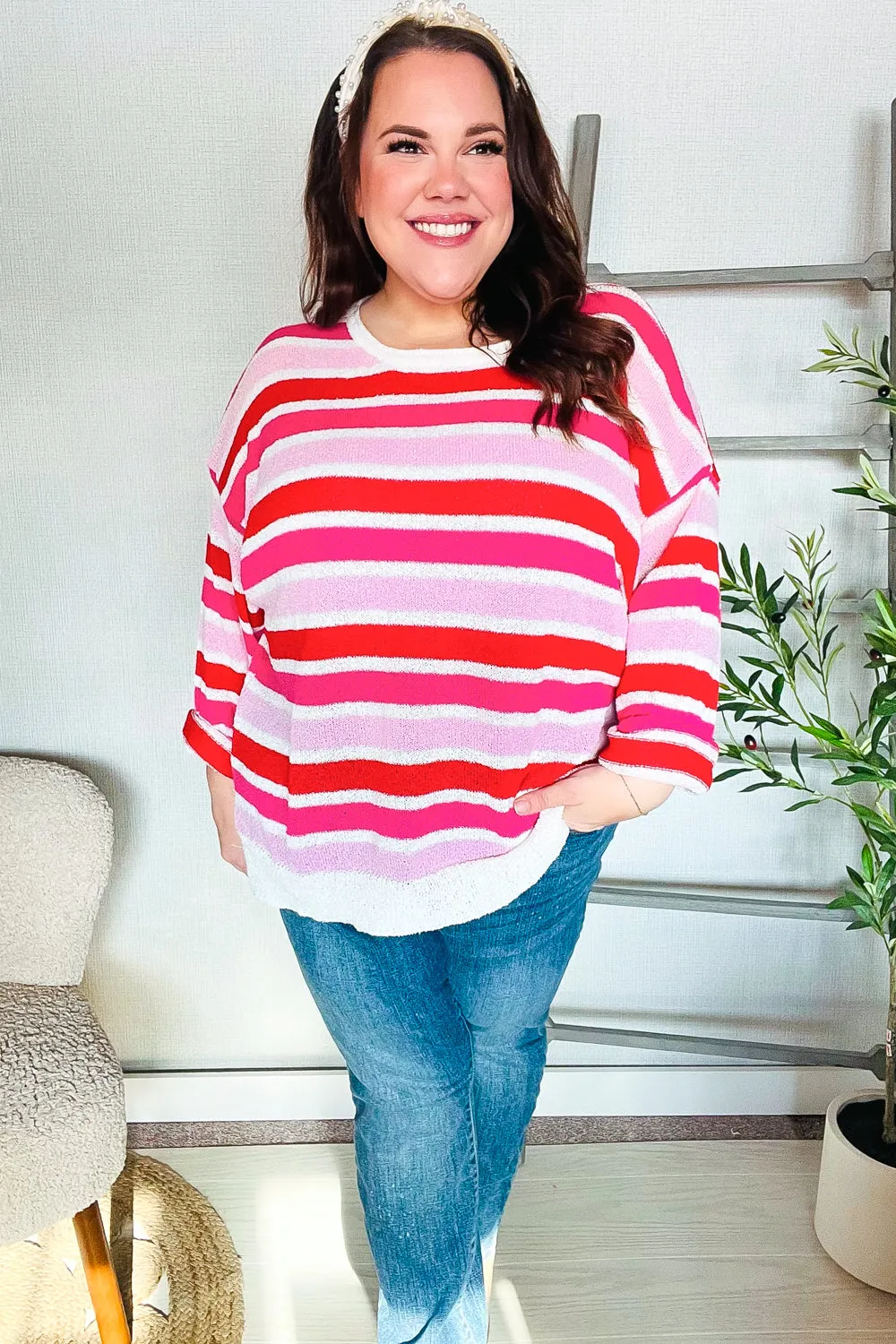 Follow Me Red/Pink Loose Knit Stripe Ribbed Pullover sold by Roxie’s Picks product image thumbnail 5