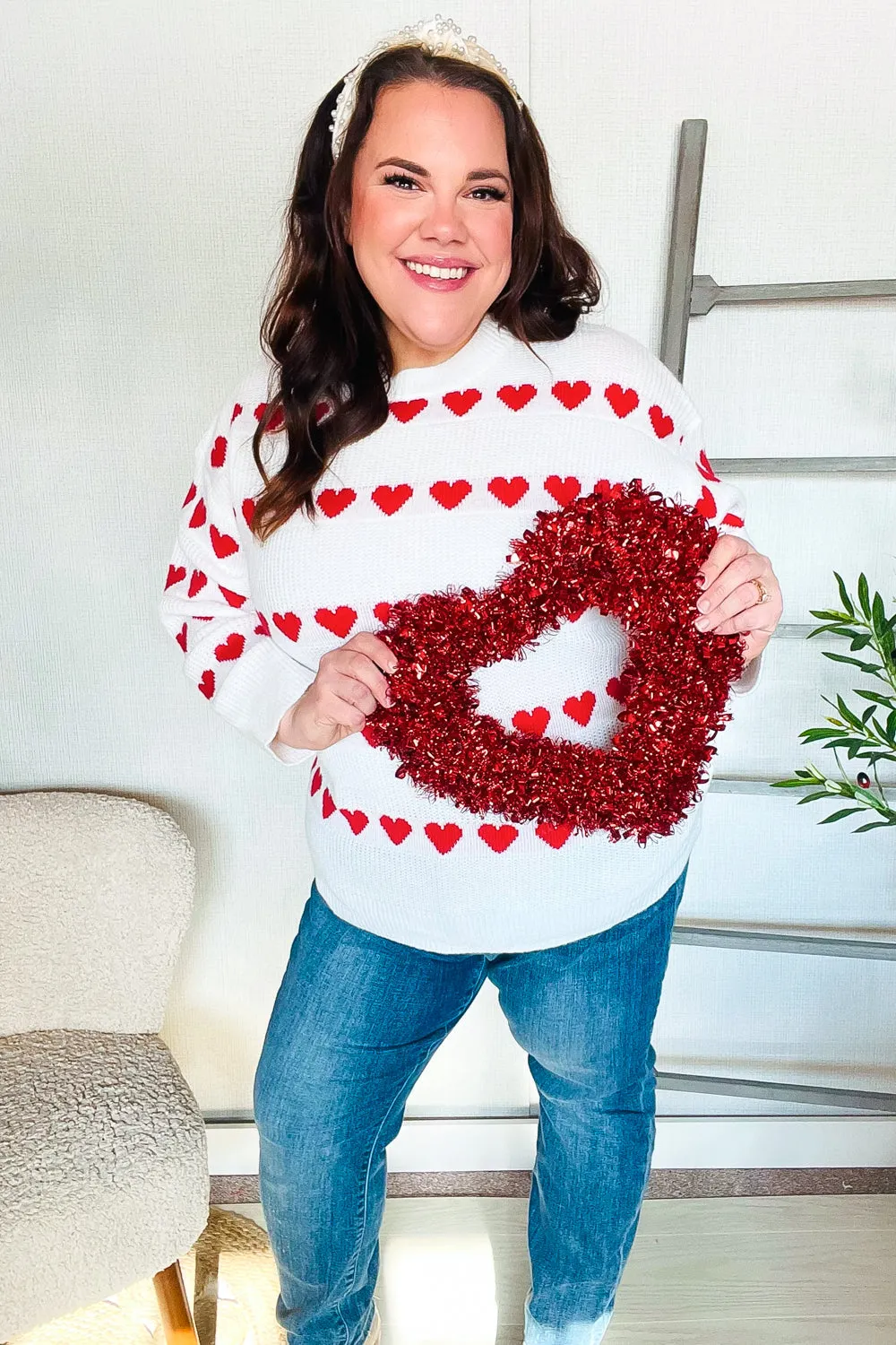 Be Mine White Jacquard Heart Stripe Pullover Sweater sold by Roxie’s Picks