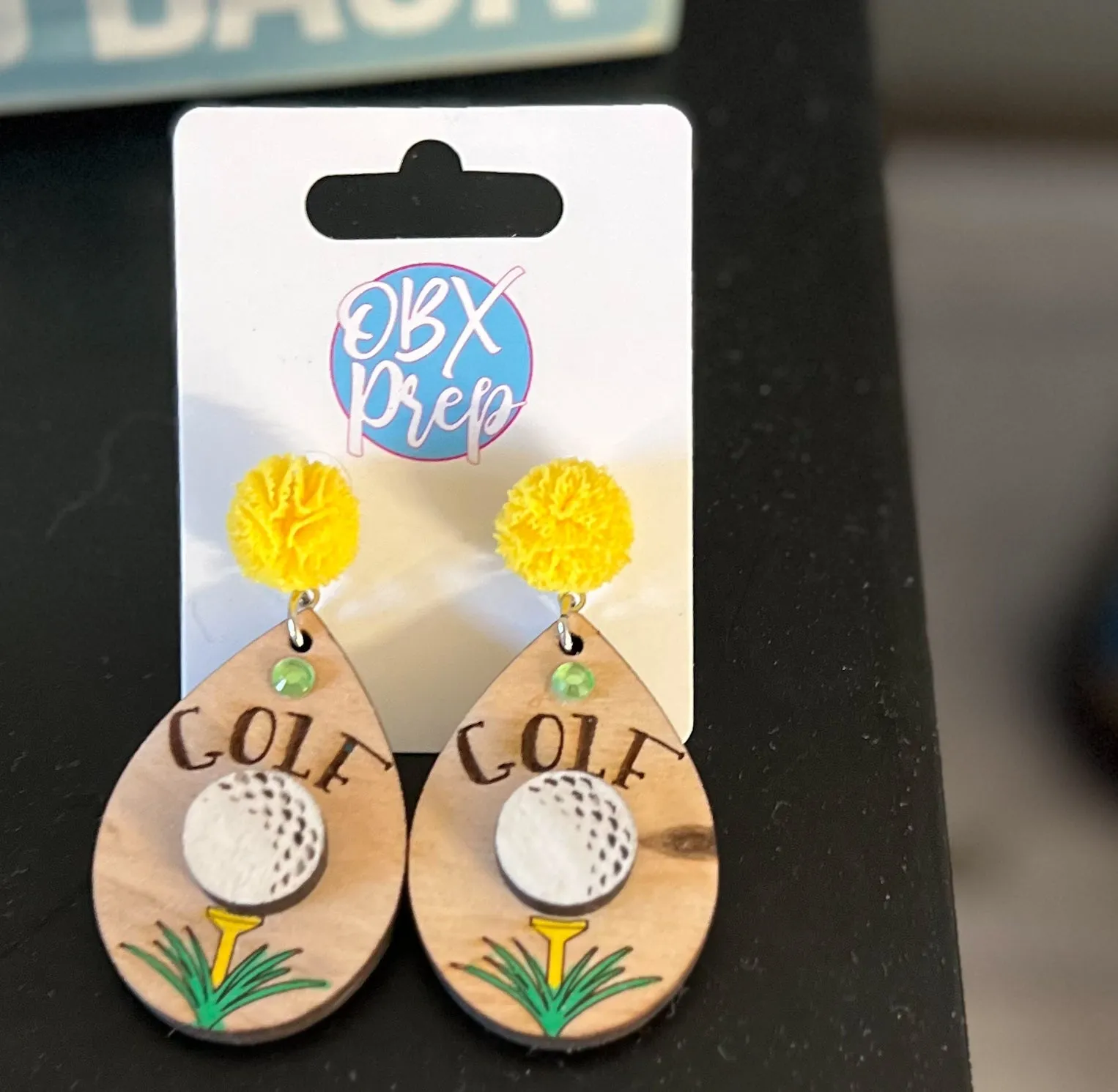 Hand-Painted Golf Wood Earrings with Woven Yellow Stud Toppers sold by Roxie’s Picks product image thumbnail 2