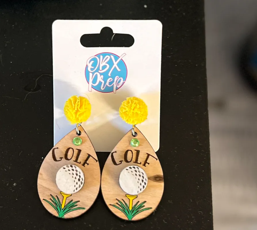 Hand-Painted Golf Wood Earrings with Woven Yellow Stud Toppers sold by Roxie’s Picks