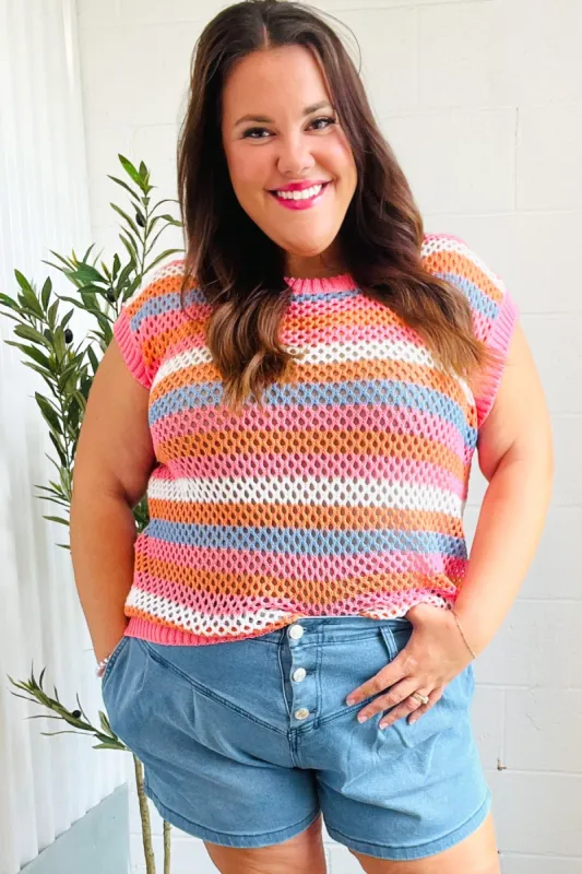Pretty In Pink & Blue Striped Netted Crochet Dolman Sweater Top sold by Roxie’s Picks