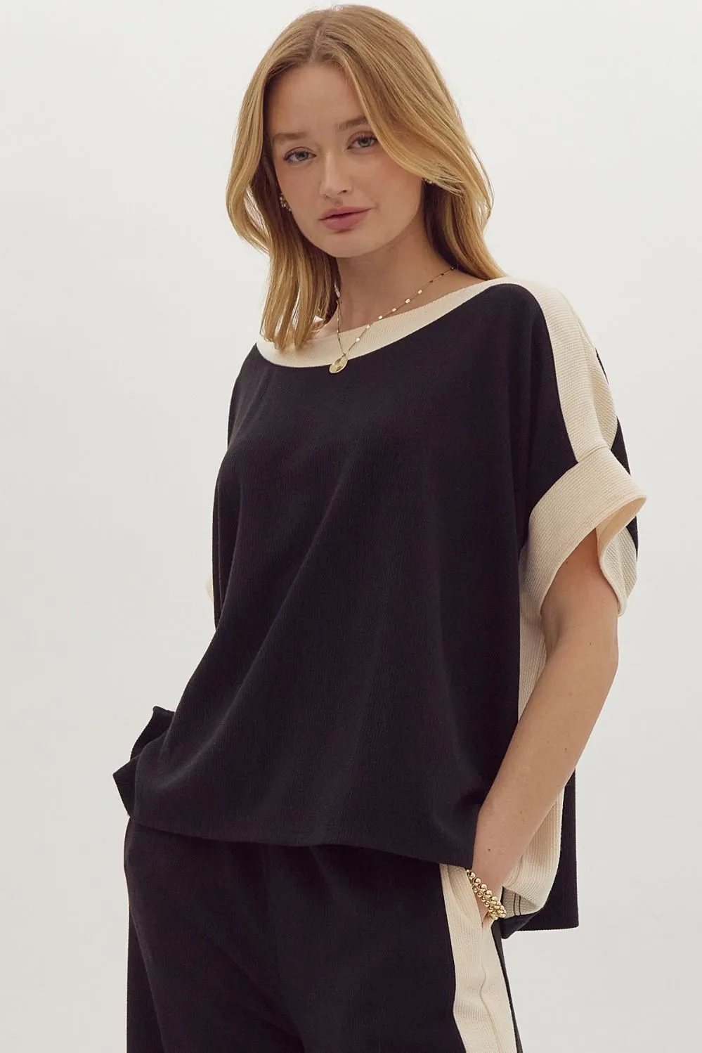 Solid Ribbed Contrast Trim Boatneck Top in Black sold by Roxie’s Picks product image thumbnail 5