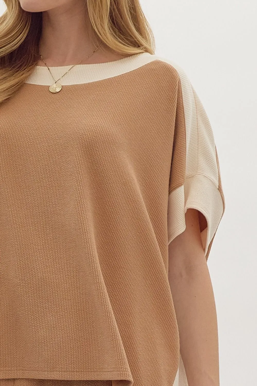 Solid Ribbed Contrast Trim Boatneck Top in Camel sold by Roxie’s Picks