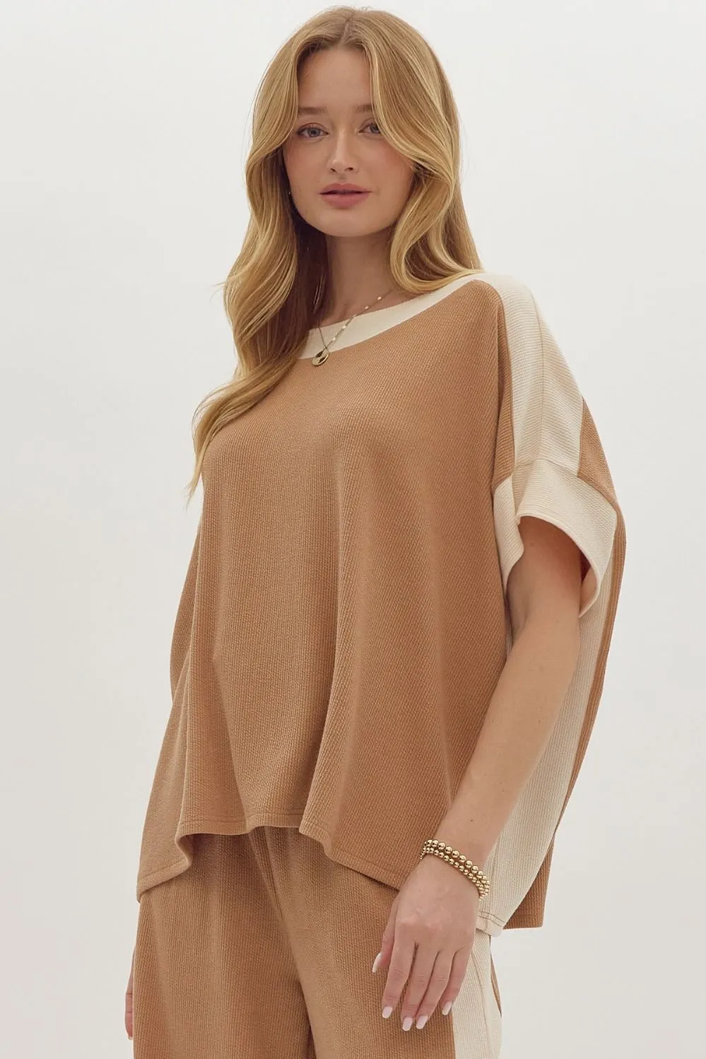 Solid Ribbed Contrast Trim Boatneck Top in Camel sold by Roxie’s Picks product image thumbnail 5