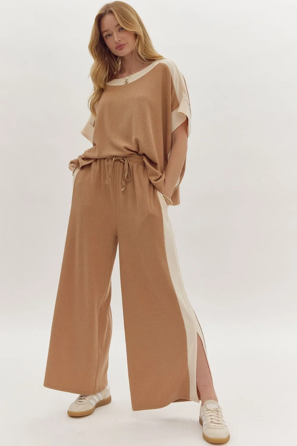 Solid Ribbed Contrast Trim Boatneck Top in Camel sold by Roxie’s Picks product image thumbnail 2