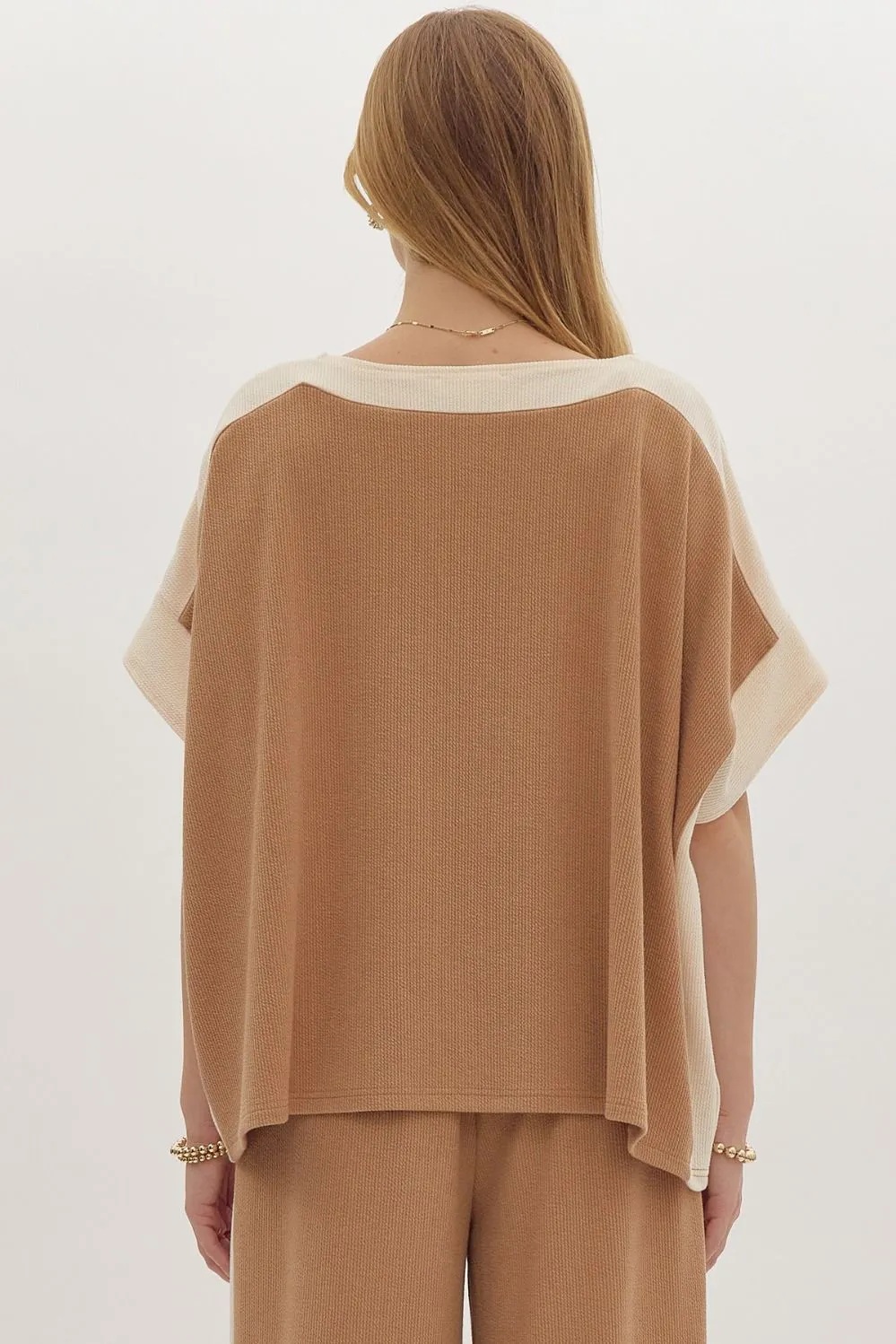 Solid Ribbed Contrast Trim Boatneck Top in Camel sold by Roxie’s Picks product image thumbnail 3