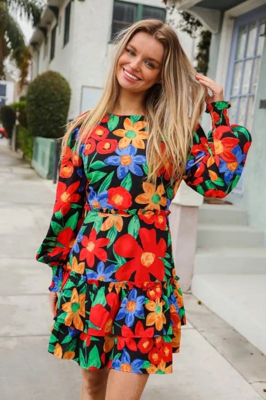 Vibrant Vibes Multicolor Big Floral Ruffle Frill Lined Dress sold by Roxie’s Picks
