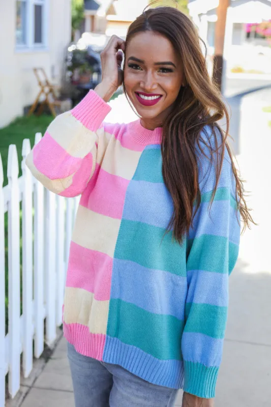 Catch Glances Blush & Blue Stripe Color Block Knit Sweater sold by Roxie’s Picks