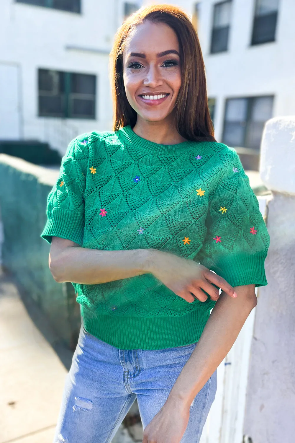 Flower Power Embroidered Crochet Textured Short Sleeve Sweater sold by Roxie’s Picks product image thumbnail 5