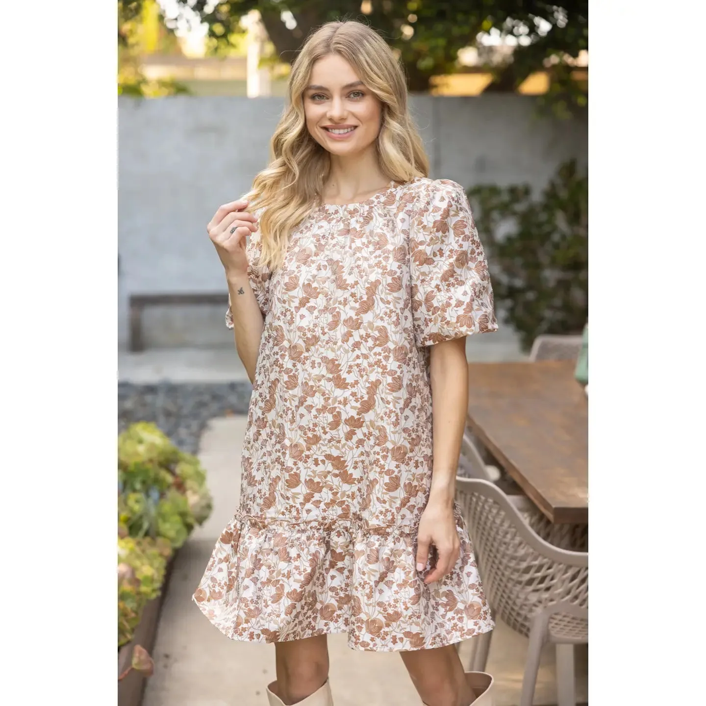 Floral Jaquard Puff Sleeve Tiered Dress sold by Roxie’s Picks product image thumbnail 2