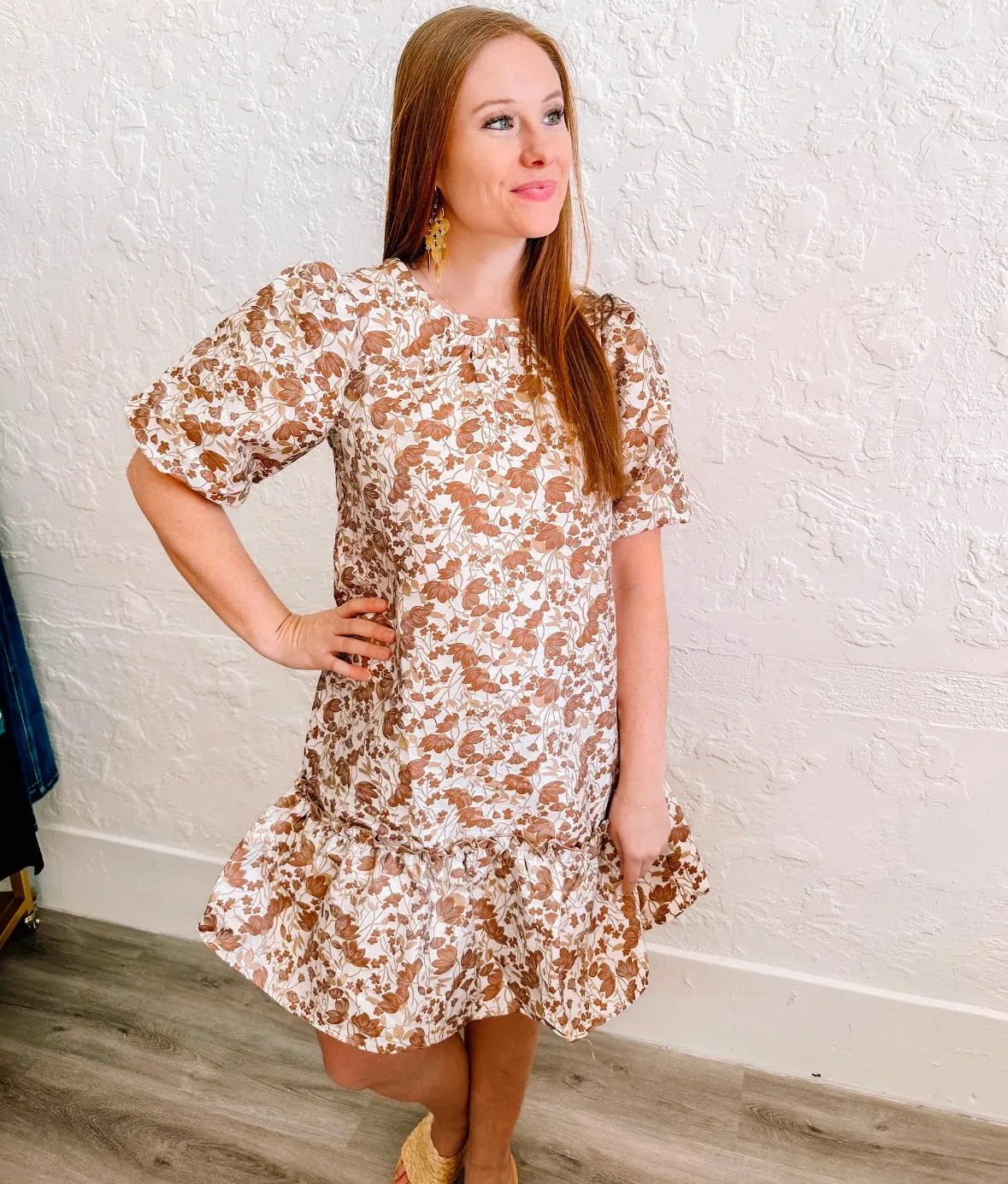 Floral Jaquard Puff Sleeve Tiered Dress sold by Roxie’s Picks