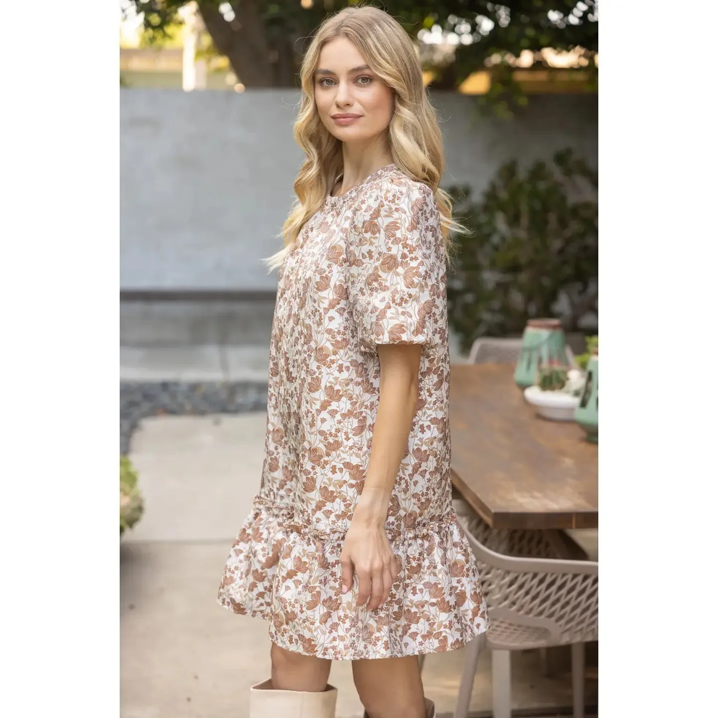 Floral Jaquard Puff Sleeve Tiered Dress sold by Roxie’s Picks product image thumbnail 3