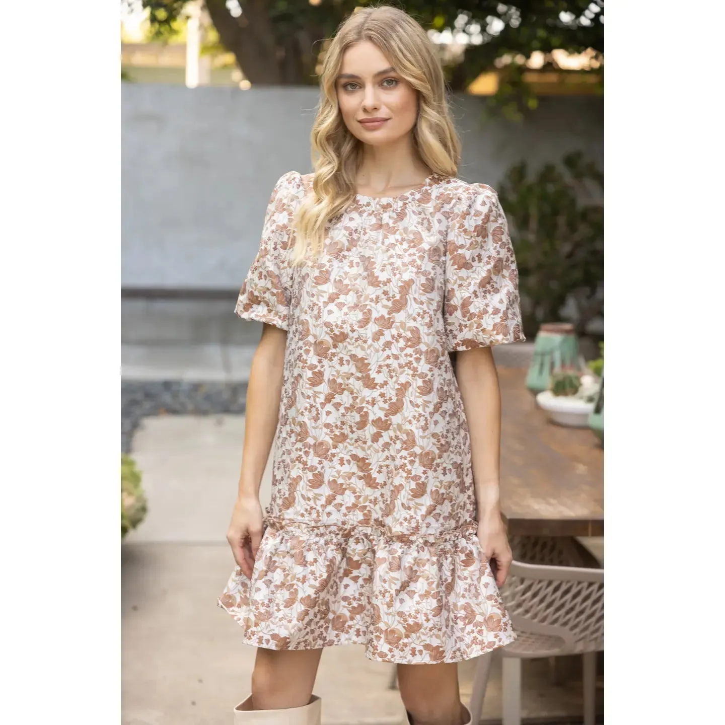 Floral Jaquard Puff Sleeve Tiered Dress sold by Roxie’s Picks product image thumbnail 4