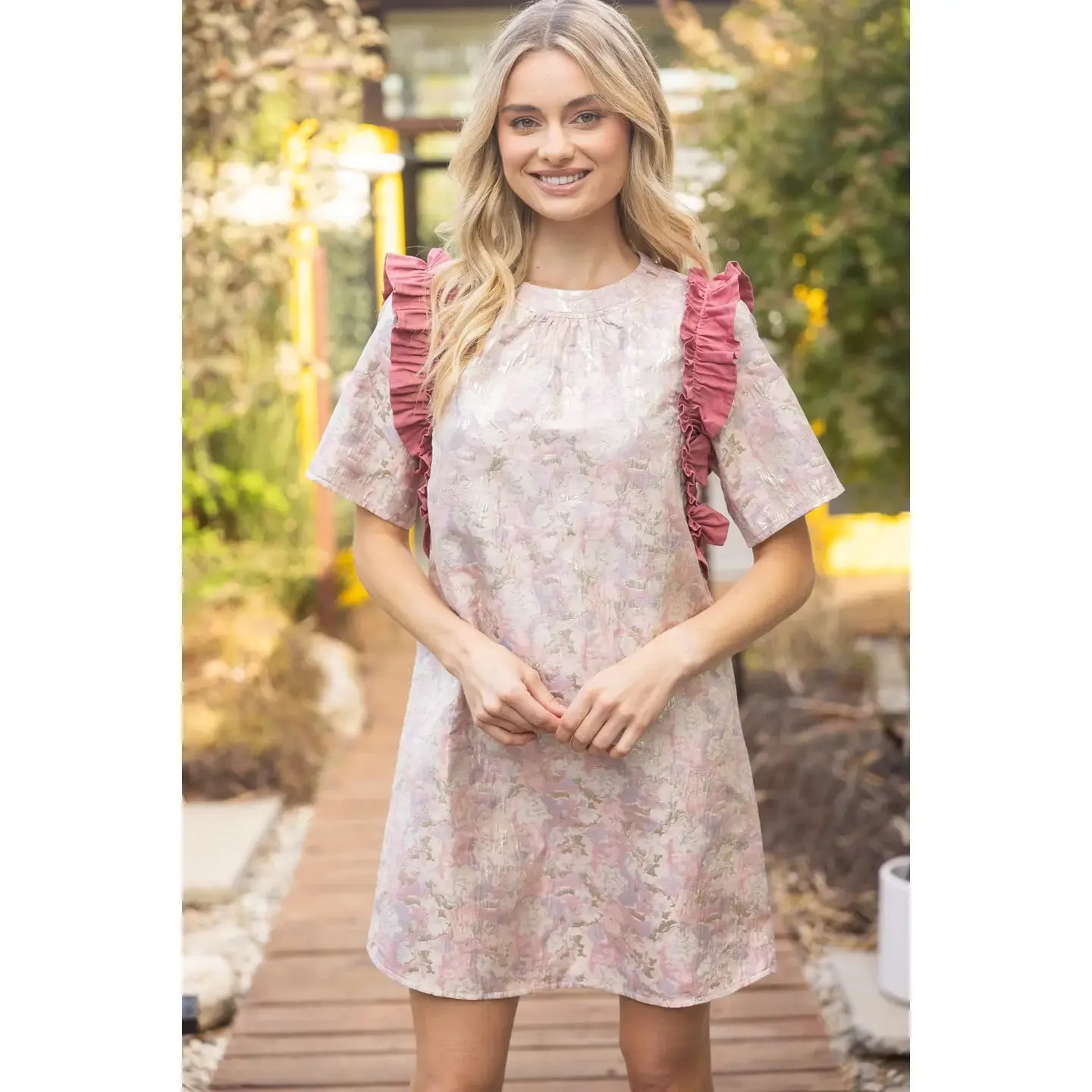 Metallic Jaquard Contrast Ruffle Dress sold by Roxie’s Picks