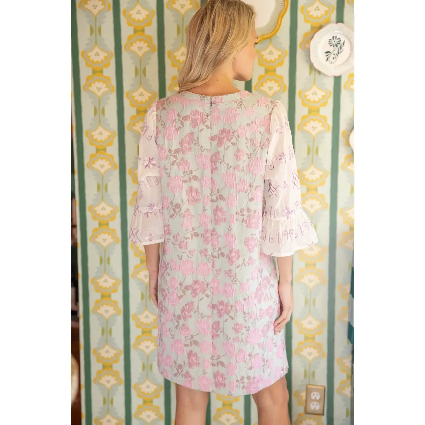 Floral Jaquard Contrast Sheer Sleeves Dress sold by Roxie’s Picks product image thumbnail 4