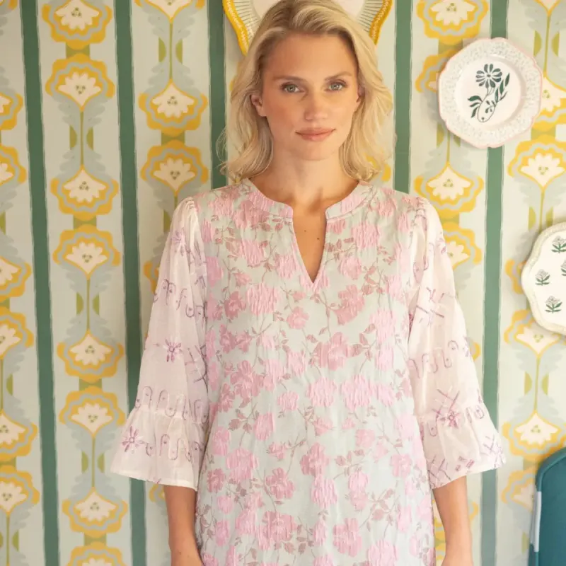 Floral Jaquard Contrast Sheer Sleeves Dress sold by Roxie’s Picks