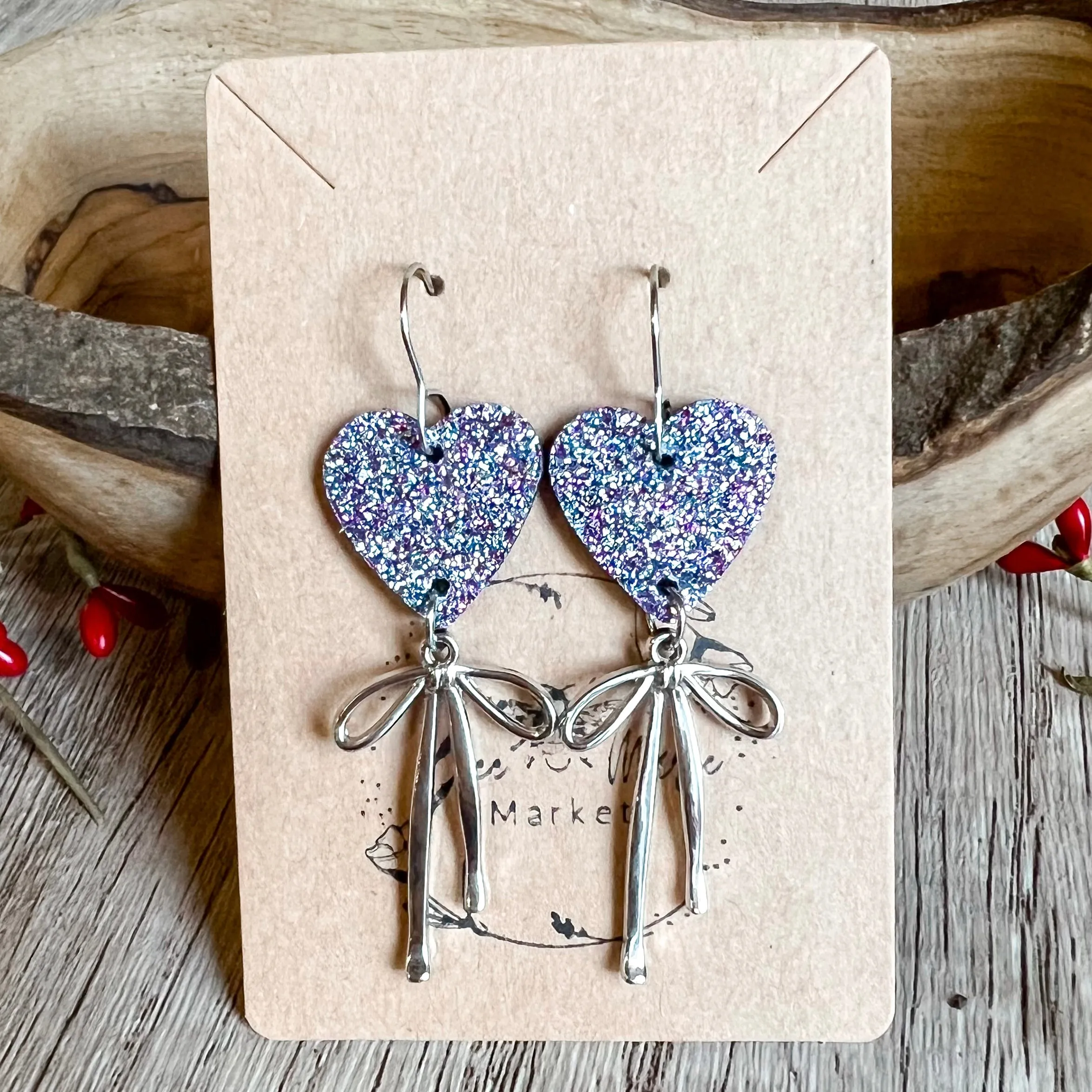 Lauren Lavender Glitter Heart & Silver Bow Earrings sold by Roxie’s Picks product image thumbnail 3