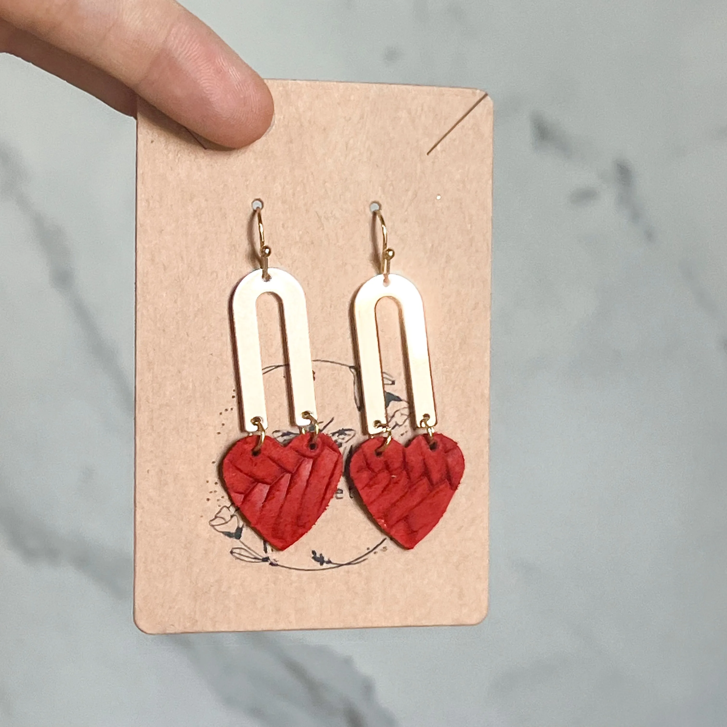 Monica Red Heart & Gold Skinny Arch Earrings sold by Roxie’s Picks product image thumbnail 3