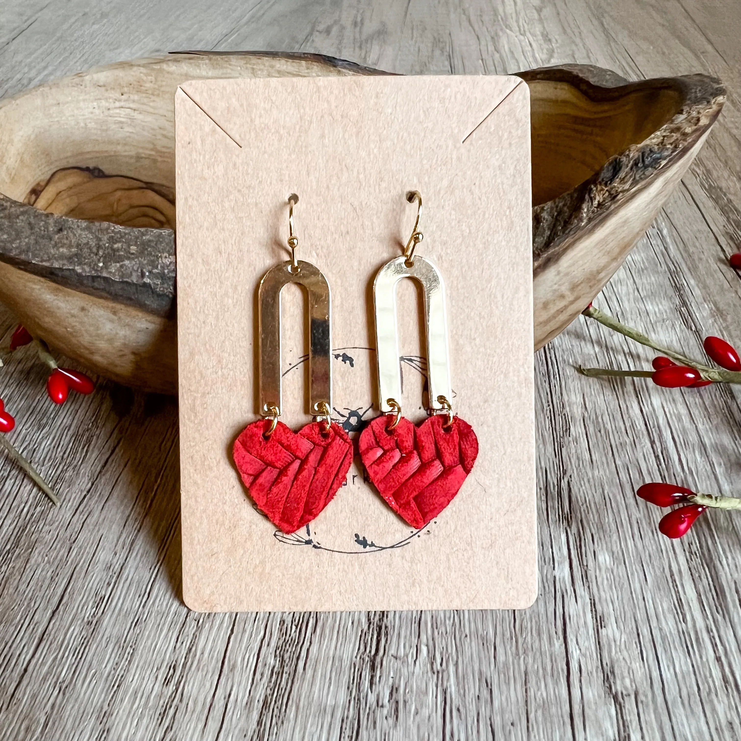 Monica Red Heart & Gold Skinny Arch Earrings sold by Roxie’s Picks product image thumbnail 5