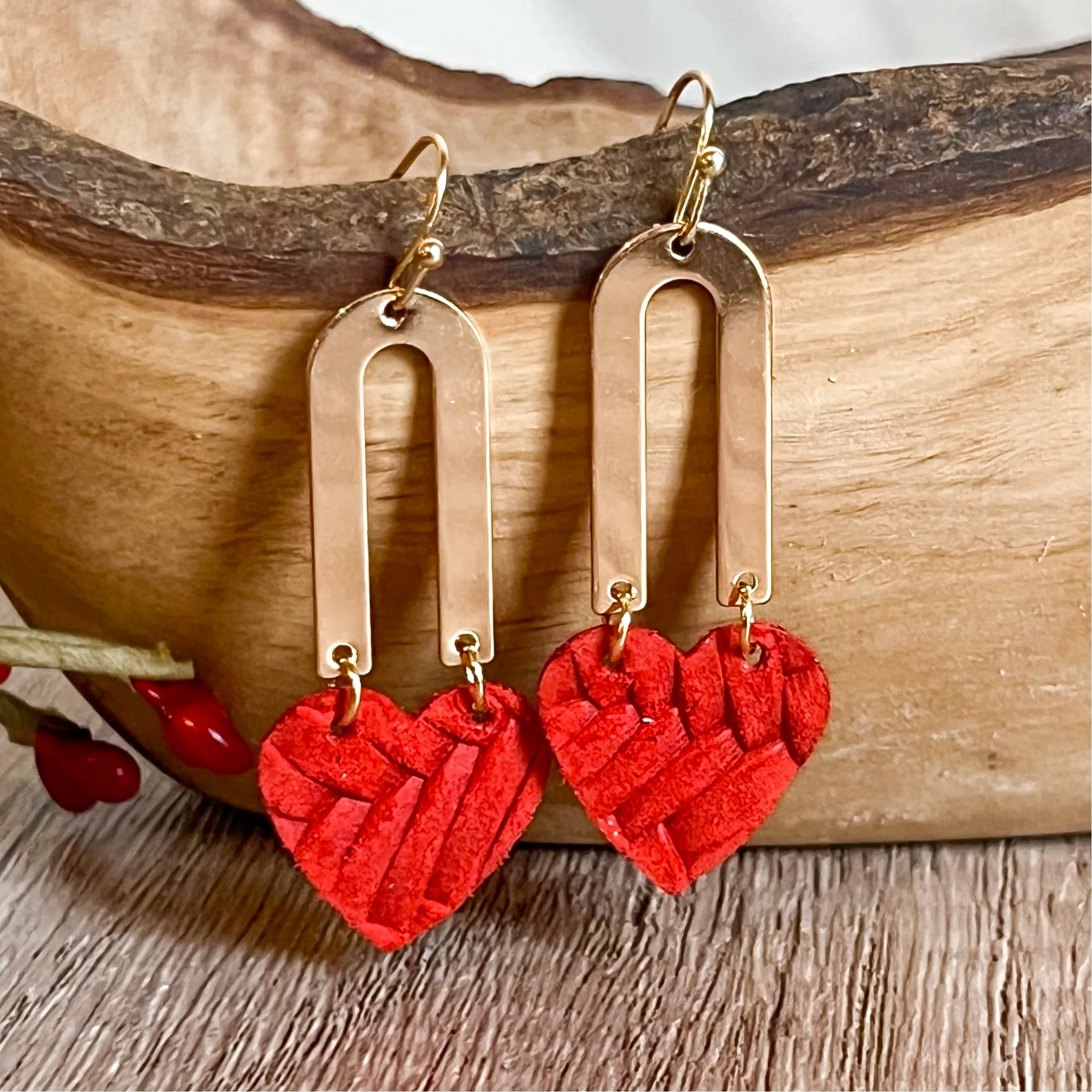 Monica Red Heart & Gold Skinny Arch Earrings sold by Roxie’s Picks