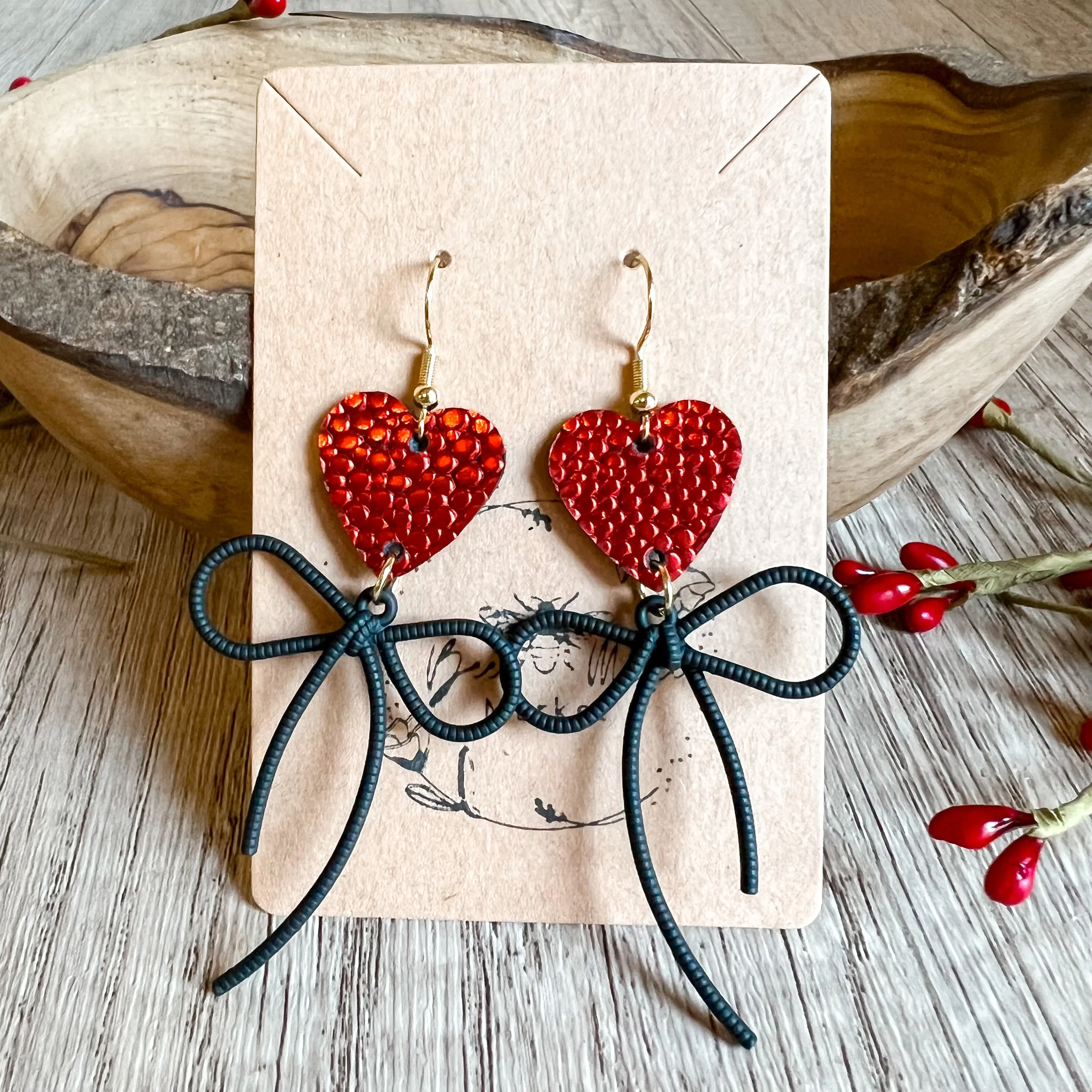Ruby Red Pebbled Heart & Bow Earrings sold by Roxie’s Picks product image thumbnail 4