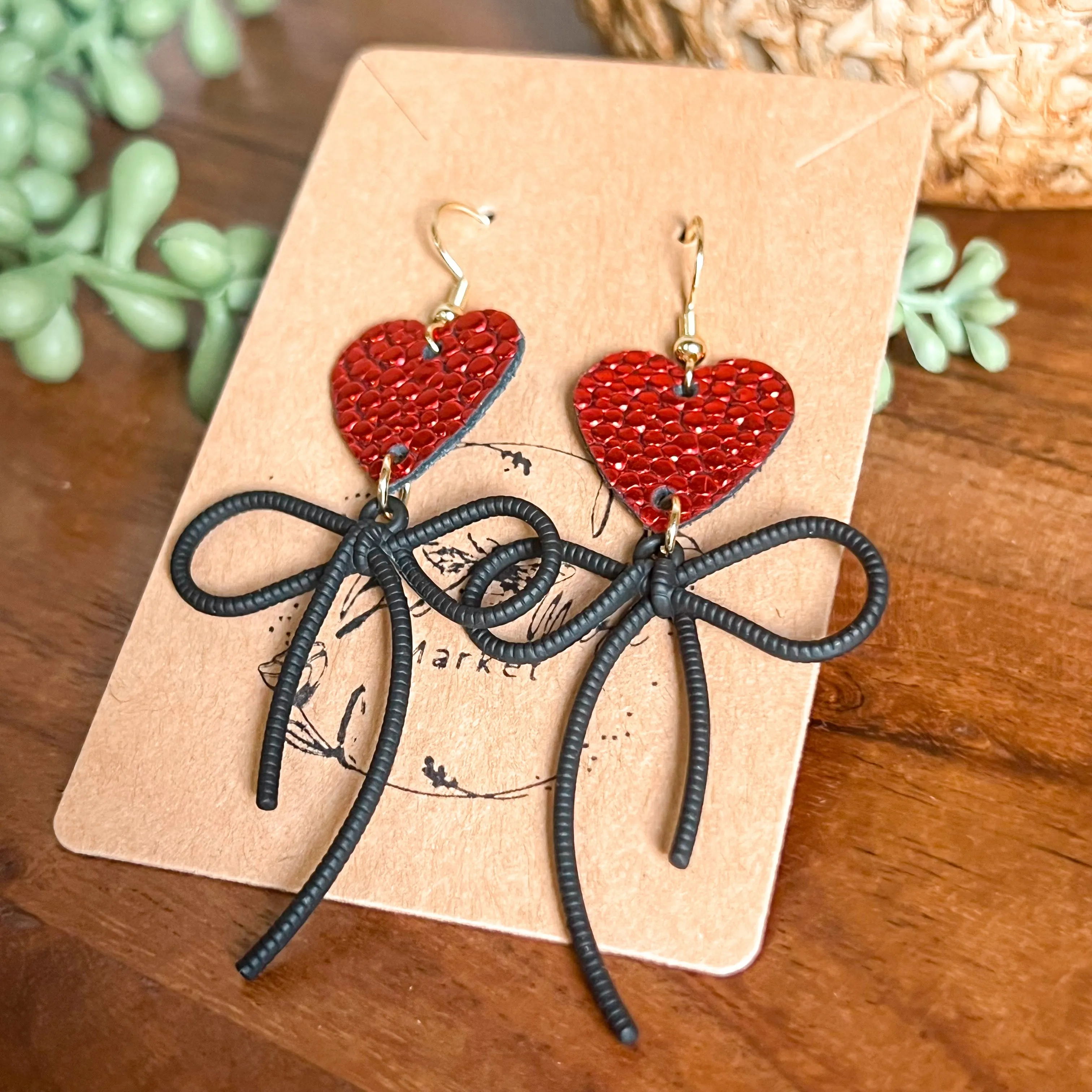 Ruby Red Pebbled Heart & Bow Earrings sold by Roxie’s Picks product image thumbnail 2
