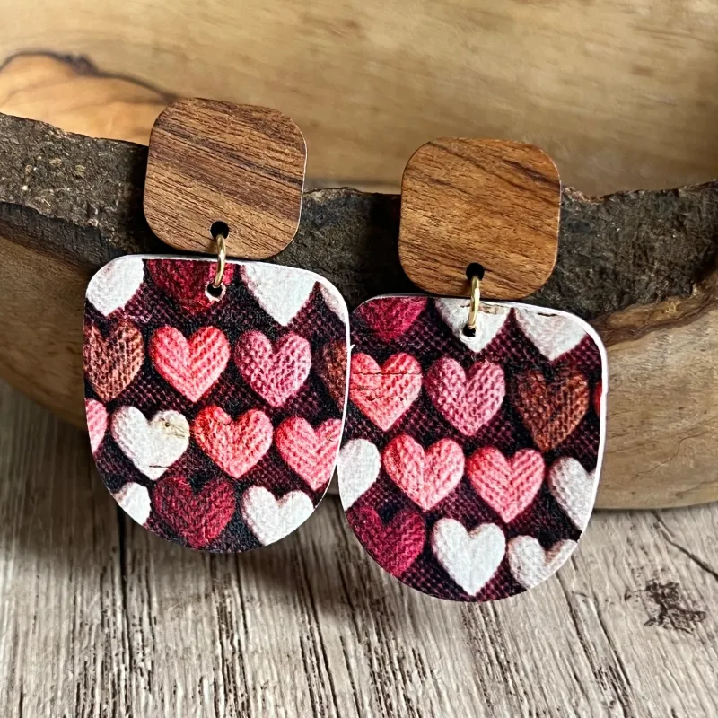 Harriett Leather & Wood Heart Drop Earrings sold by Roxie’s Picks