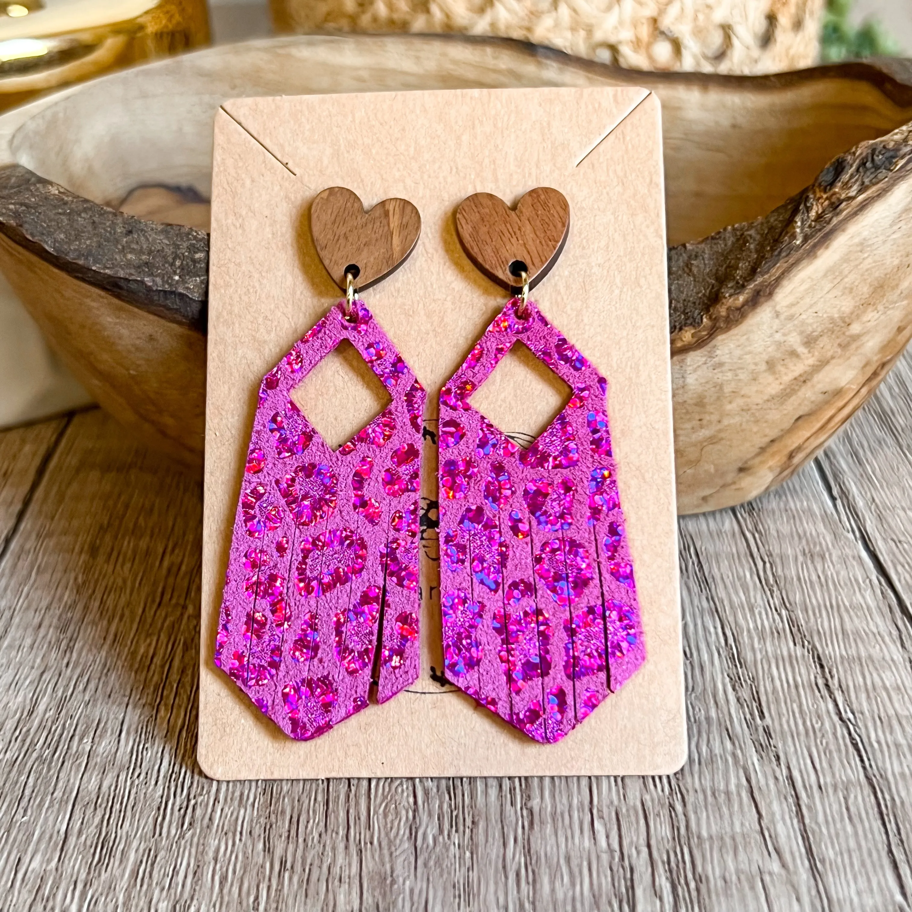 Johanna Pink Shimmer Leopard Heart Fringe Earrings sold by Roxie’s Picks product image thumbnail 2
