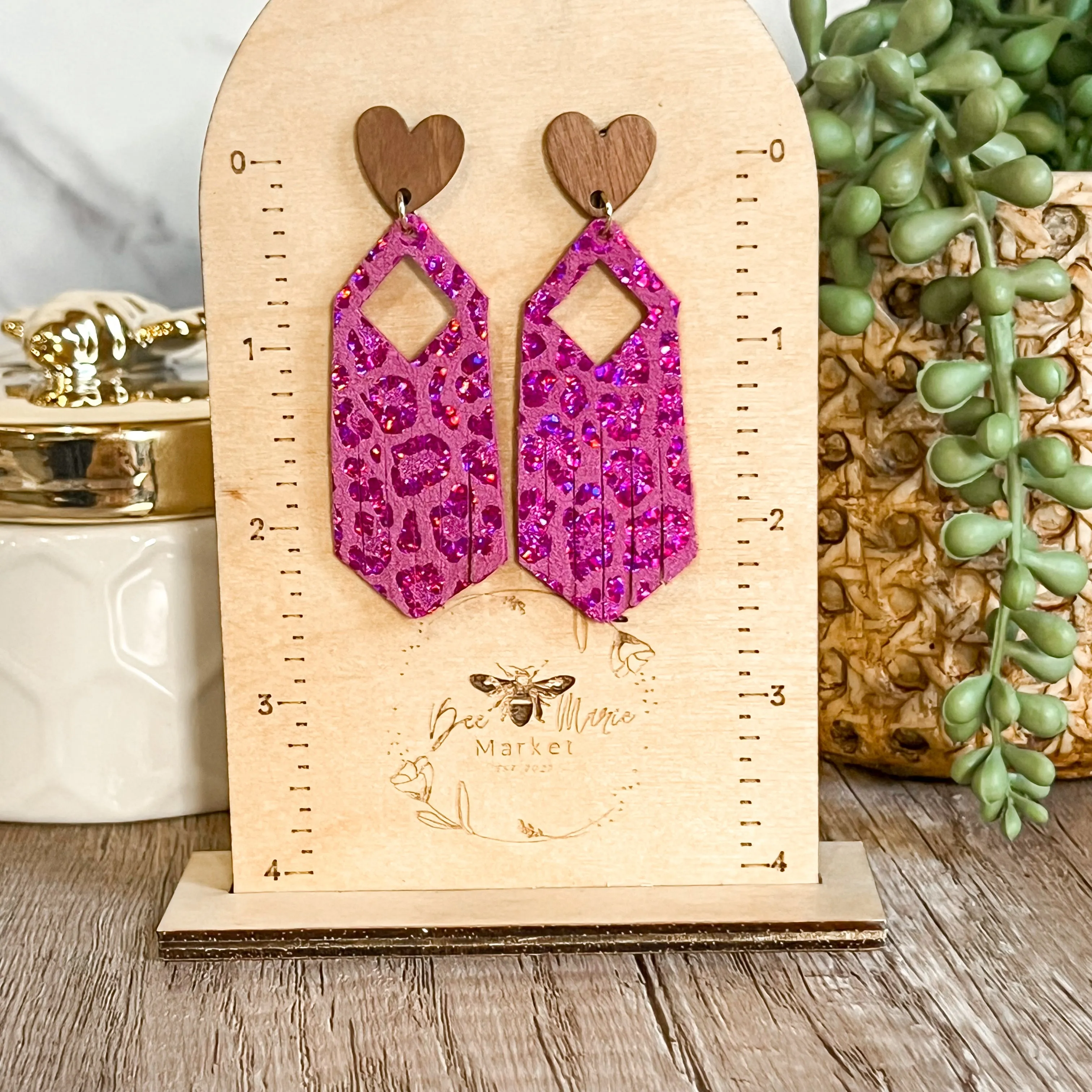 Johanna Pink Shimmer Leopard Heart Fringe Earrings sold by Roxie’s Picks product image thumbnail 4