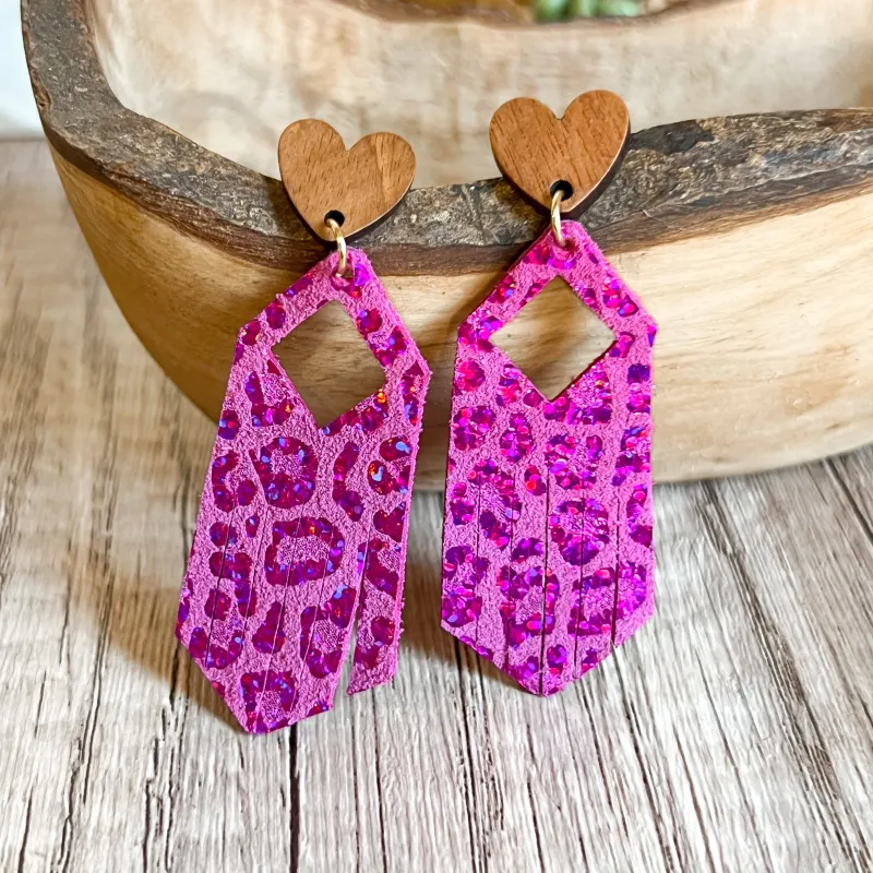Johanna Pink Shimmer Leopard Heart Fringe Earrings sold by Roxie’s Picks