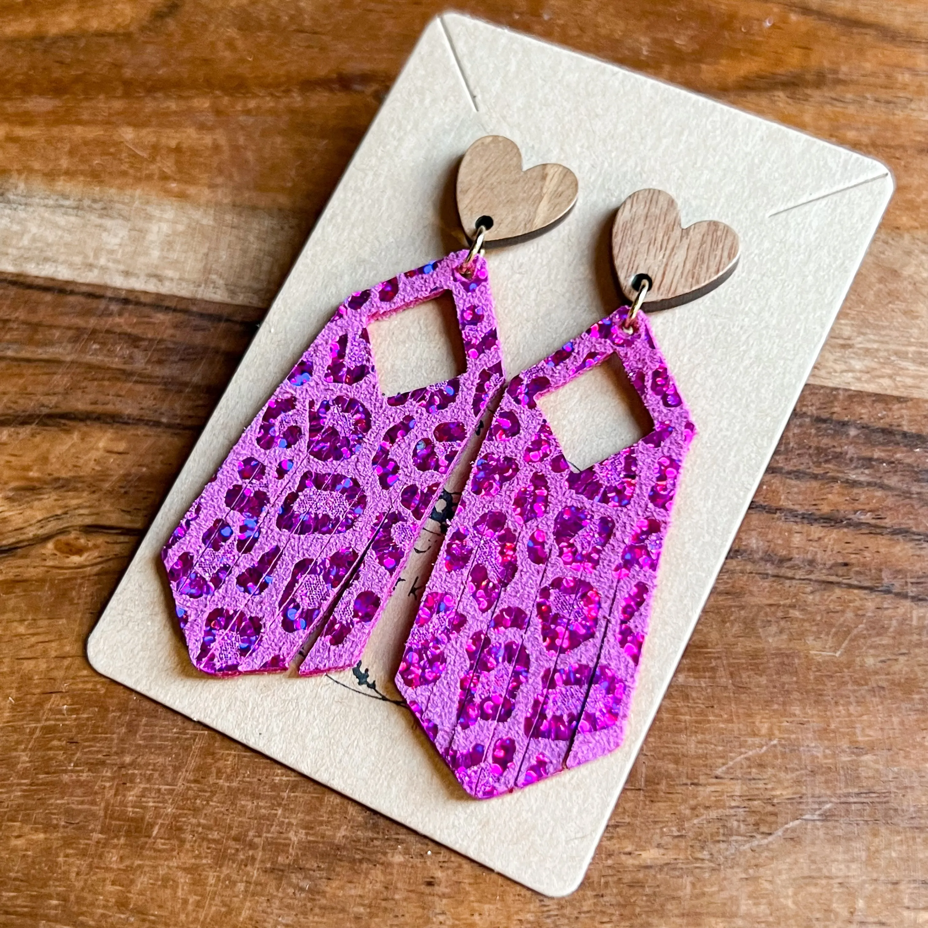 Johanna Pink Shimmer Leopard Heart Fringe Earrings sold by Roxie’s Picks product image thumbnail 3